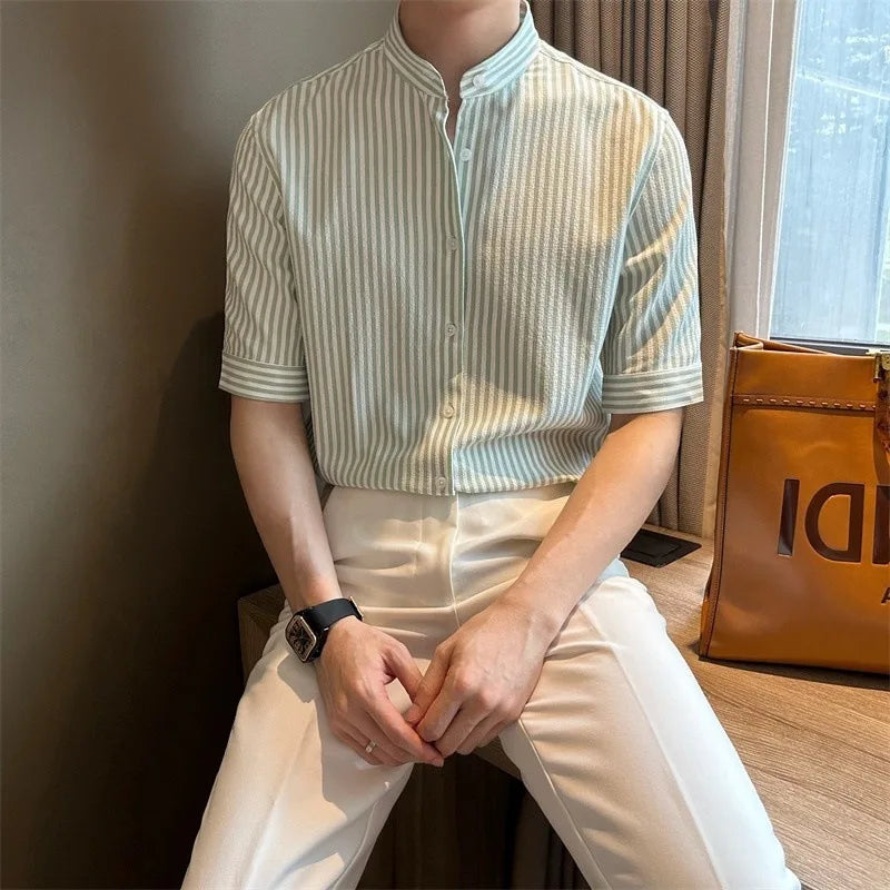 Riolio New Fashion Striped Stand Collar Men Shirts Luxury Casual Textured Half Sleeve Cardigan Tops Summer Business Slim-fit Blouse