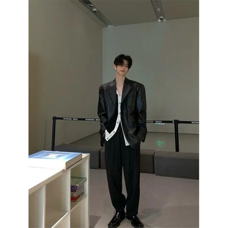 Riolio American Leather Jacket Retro Outfit Handsome High-end Men's Niche Shoulder Pad Suit Black PU Leather Jacket Chic Streetwear