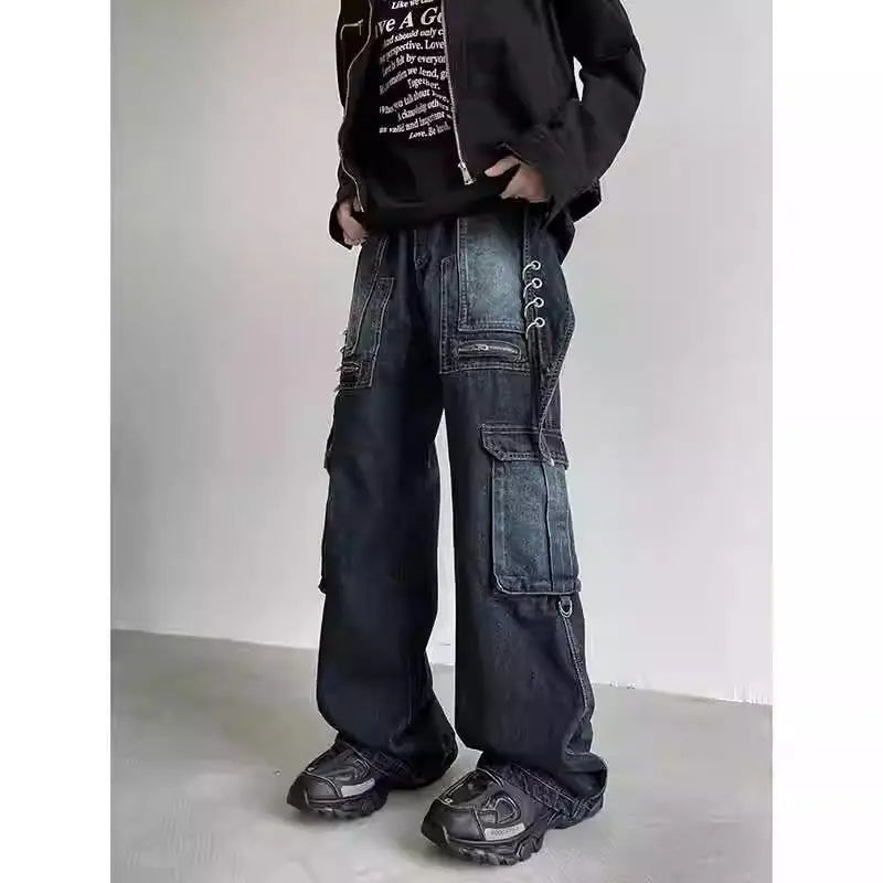 Riolio American Street Spring and Autumn Men and Women Trendy Retro Straight Tube Multi Pocket Jeans Couple Loose Casual Pants y2k
