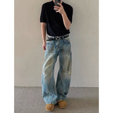 Riolio Blue Men's Jeans High Waist Vintage 90s Straight Y2K Summer Denim Pants Ripped Streetwear American Wide Leg Baggy Denim Trouser