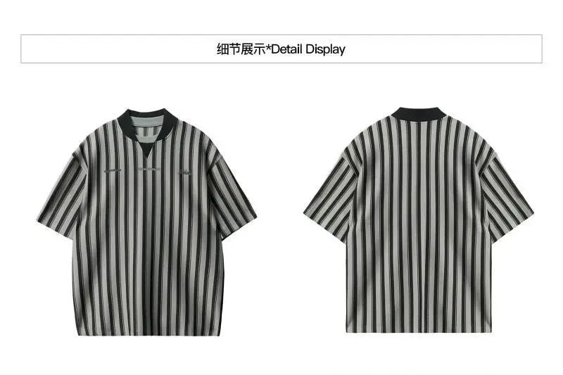 Riolio Preppy Retro Shirt Double-paired V-neck Striped Short-sleeved T-shirt Loose Casual Embroidered Letter Printed Shirt