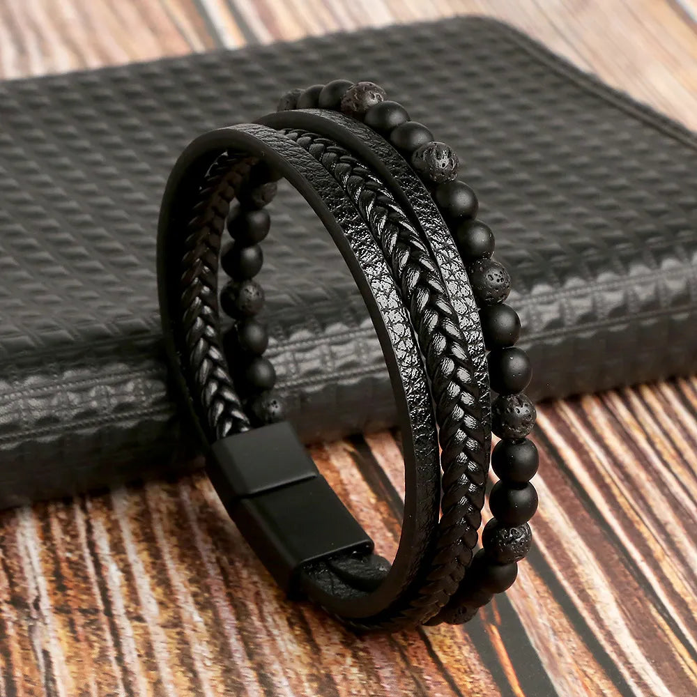 Riolio Hot Fashion Beads Leather Bracelet Men Classic Tiger Eye Beaded Multi Layer Leather Bracelet For Men Jewelry Gift
