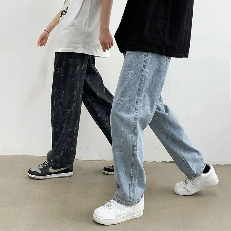 Riolio Jeans Men Design Print Mid Waist Oversize Baggy Jean Streetwear Zipper Fly Straight Denim Trousers Hip Hop Retro Teens Men