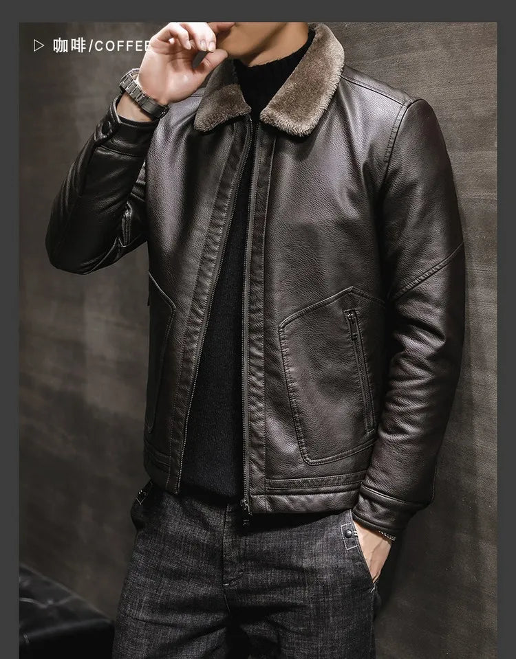 Riolio Casual Punk Rock Thick Leather Coats Slim Windproof Blazer Stand Collar Outwear Men's Pu Leather Jacket Zipper Motorcycle Jacket