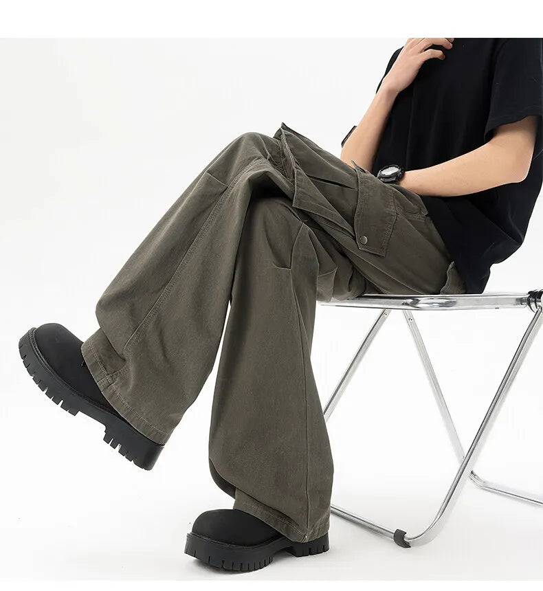 Riolio Cotton Wide Leg Cargo Pants man Loose Fit Multi Pocket Casual Streetwear Comfortable Workwear Trousers Men Trendy Fashion
