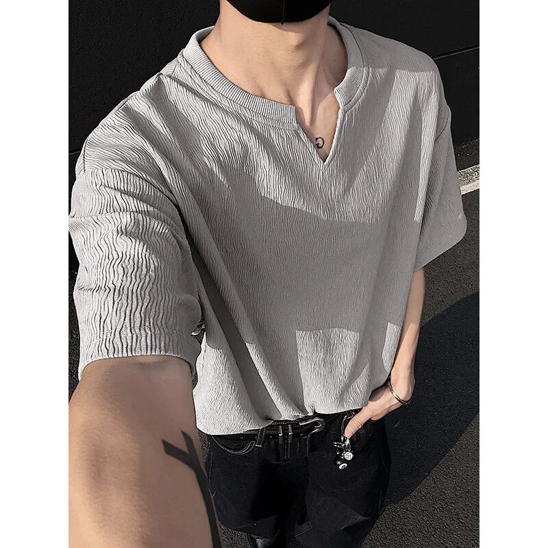 Riolio Summer Short Sleeved T-shirt Men Casual V-neck T Shirt Men Streetwear Korean Loose Pleated T Shirt Mens Top Large Size 5XL