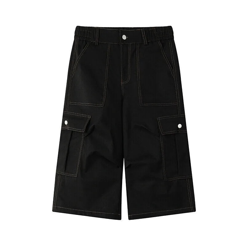 Riolio Summer Casual Pants Men Retro Pocket Cargo Pants Men Japanese Streetwear Hip-hop Loose Wide Leg Pants Mens Cropped Trousers