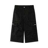 Riolio Summer Casual Pants Men Retro Pocket Cargo Pants Men Japanese Streetwear Hip-hop Loose Wide Leg Pants Mens Cropped Trousers