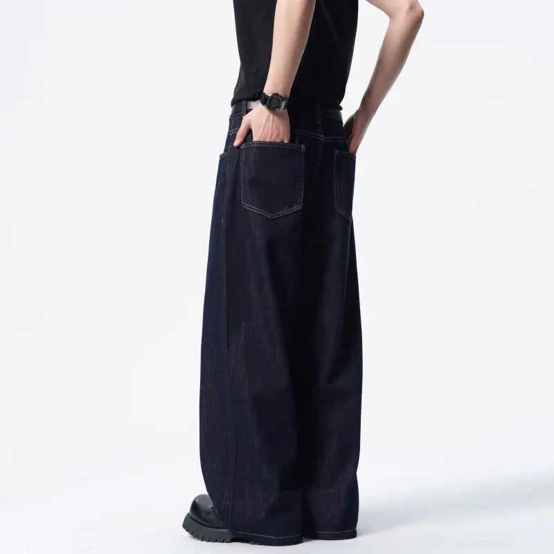 Riolio Men Dark Blue Loose Drag Floor Length Jeans Classic Straight Leg Denim Pants Wholesale Hot Sale Minimalist Casual Streetwear