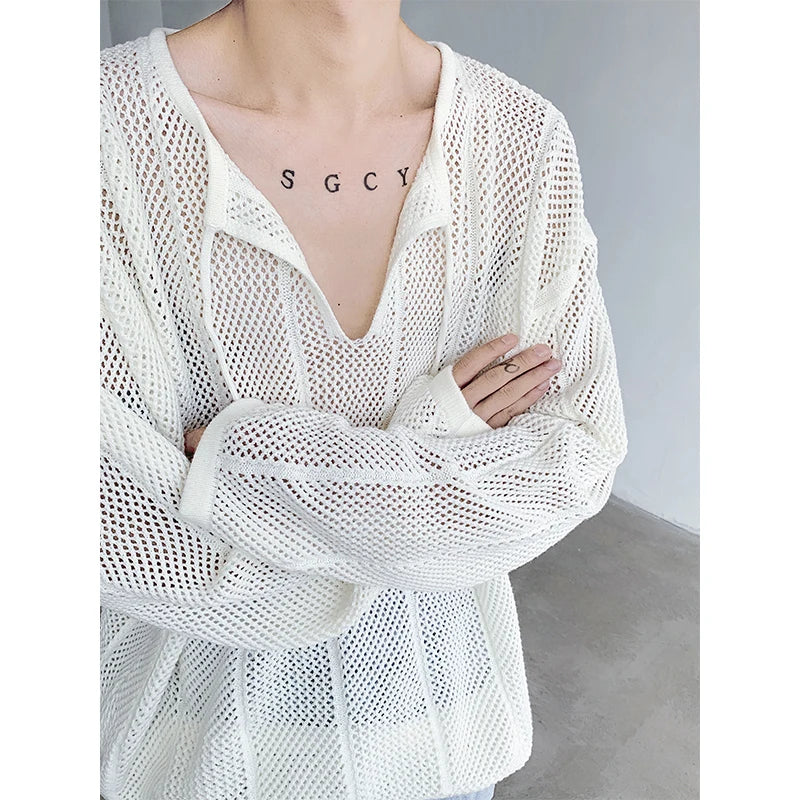 Riolio Rice White Shirts for Men Hollow Out Blouse Men Handsome Fashion Men Clothing Vacation Sexy Mesh Long-sleeved Shirts