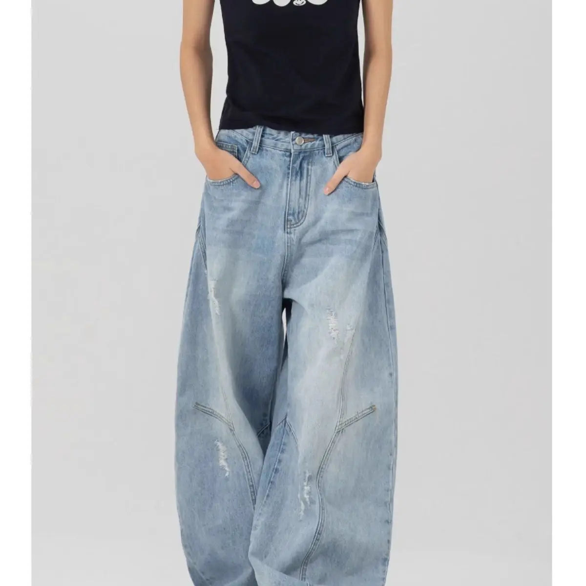 Riolio American high street men and women retro washed distressed curved knife jeans couple hip-hop loose trendy wide leg casual pants