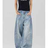 Riolio American high street men and women retro washed distressed curved knife jeans couple hip-hop loose trendy wide leg casual pants