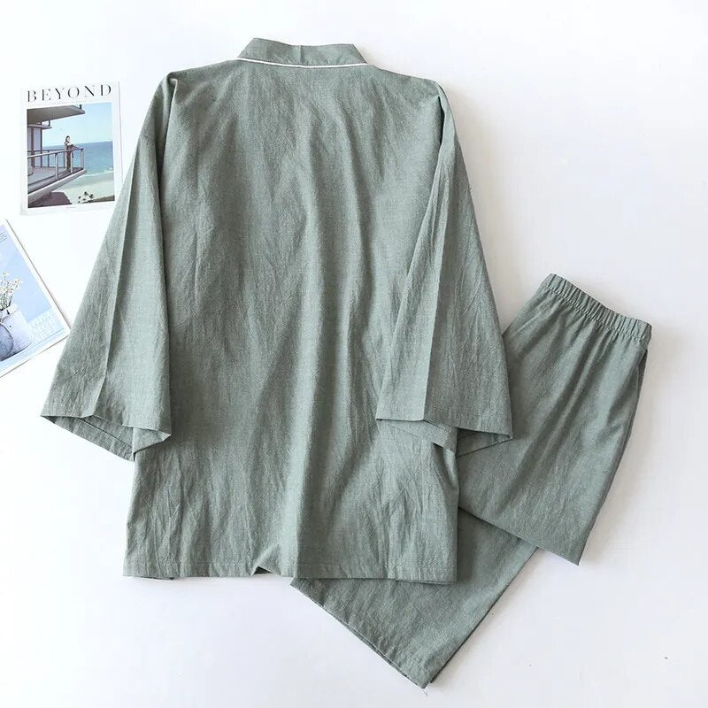 Riolio Spring/Autumn Japanese Kimono Mens Pajamas Men Sleepwear Male Thin Ninth Sleeve Lace-Up Top + Pants Loose Two-piece Homewear