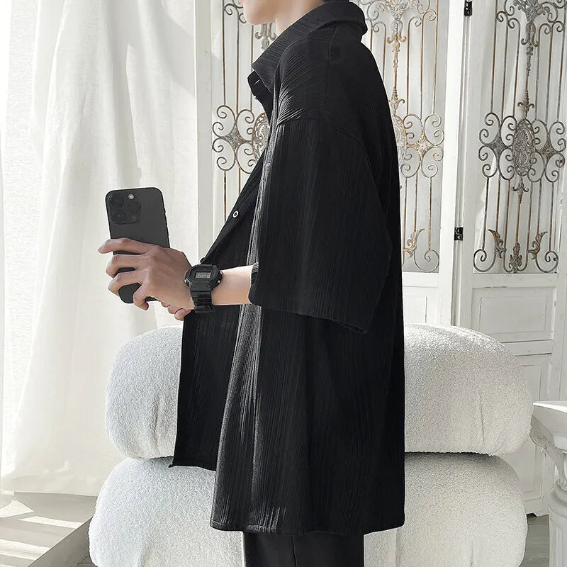 Riolio Summer Short Sleeved Shirt Men Black White Casual Shirt Men Streetwear Korean Loose Pleated Shirt Mens Ice Silk Shirts 4XL