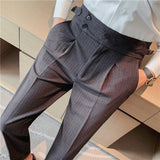 Riolio British Style Men High Waist Casual Dress Pant Men Belt Design Slim Trousers Formal Office Social Wedding Party Dress Suit Pants