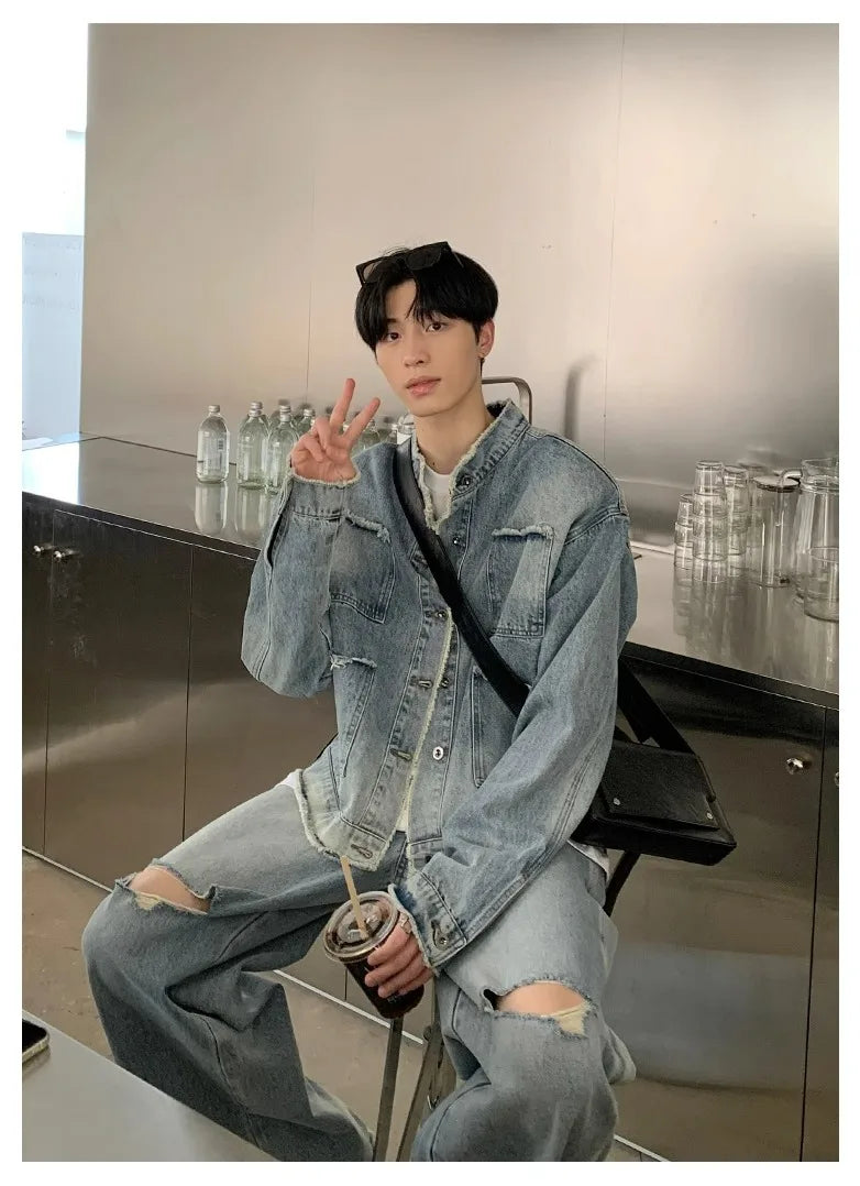 Riolio Autumn Denim Set Men Denim Jacket +Wide Leg Straight Jeans Casual Loose Solid Color Korean Style Street Stand Collar 2pcs Suit