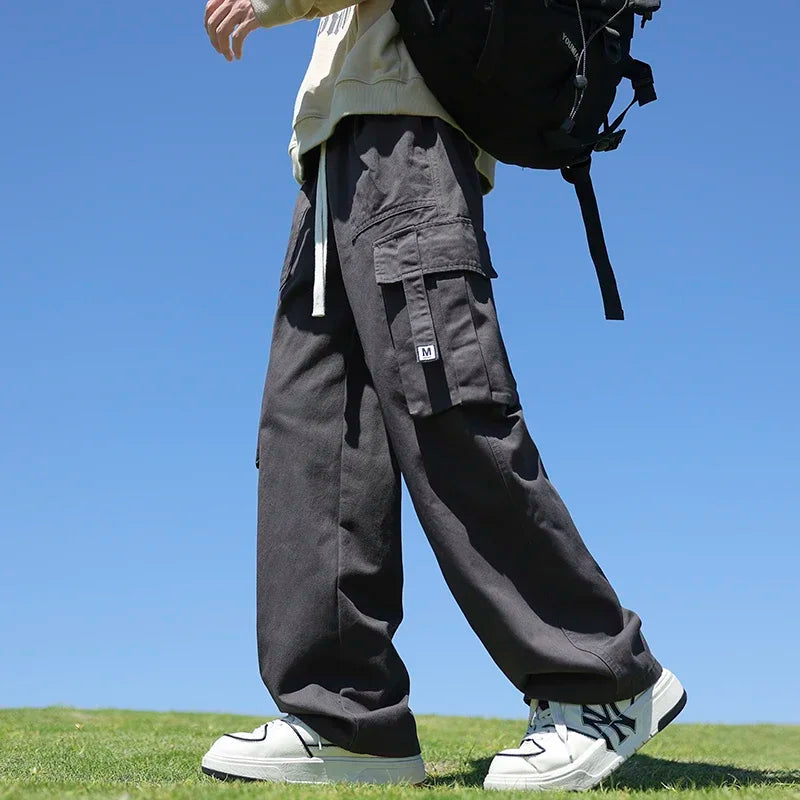 Riolio 6 Colors Men's 100% Cotton Cargo Casual Pants Baggy Straight Elastic Waist Comfortable Trousers Fashion Streetwear Male Clothes