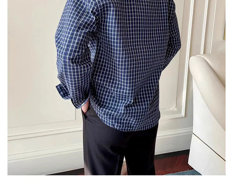 Riolio  New American Retro Men Shirts Light Luxury Textured Lapel Plaid Long Sleeve Cardigan Leisure Trendy Premium Check Blouse M-2XL