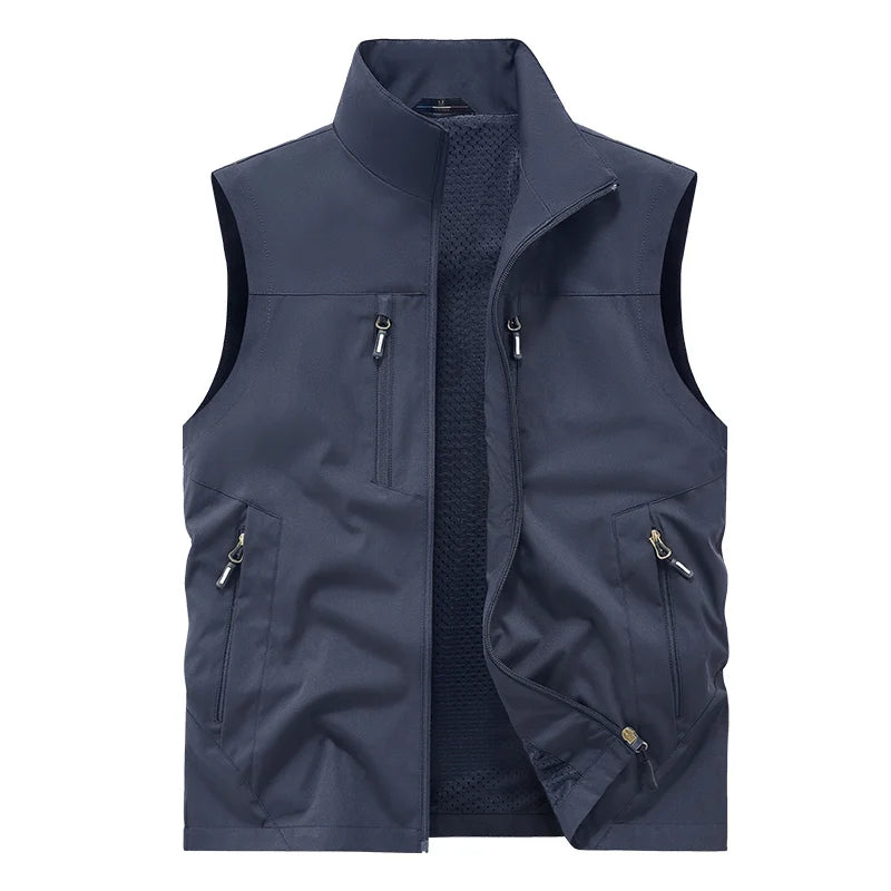 Riolio Summer Vest Jacket Waistcoats Male Breathable Men's Multi-pocket Fishing Photography New Vest Men's Thin Stand-up Collar Vest