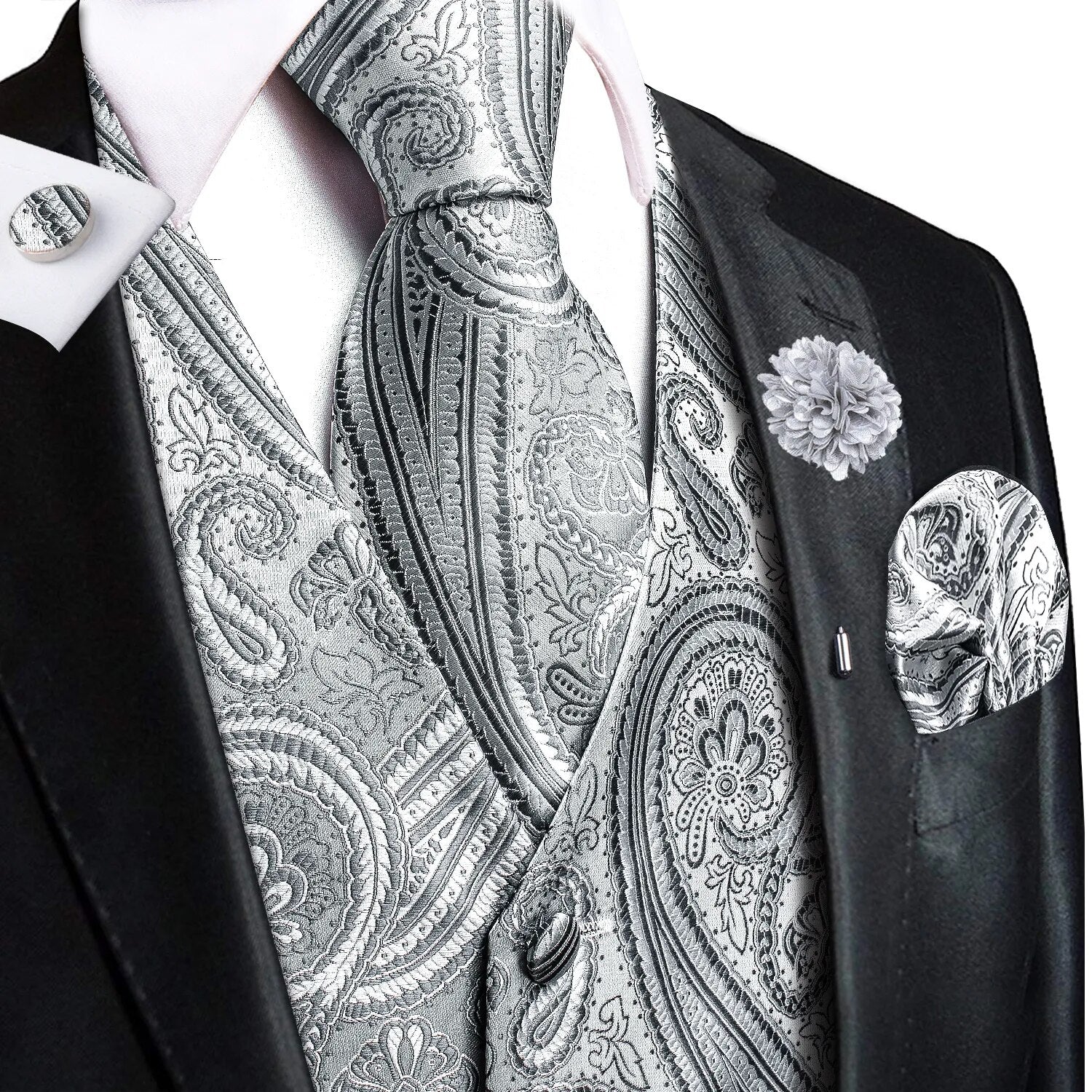 Riolio High Quality Silk Mens Vests Champagne Paisley Waistcoat Neck Tie Hanky Cufflinks Brooch Set for Men Suit Wedding Office