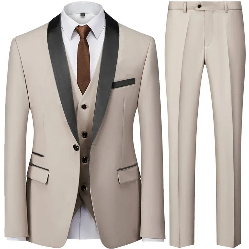 Riolio 3 Pieces Set Men's Business Blazers Coat / Male Slim Fit Color Matching Collar Suit Tuxedo Leisure Jacket Pants Vest Wedding