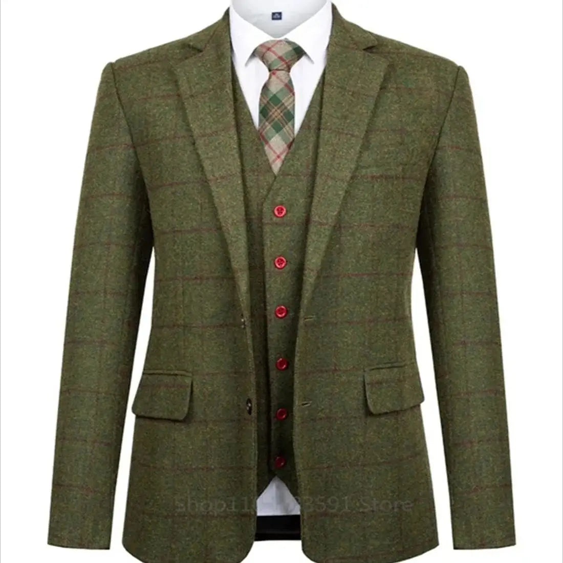 Riolio fashion suits for men 3 Piece Green Woolen Plaid Men Suits Slim Fit Wedding Groom Tuxedo Notch Lapel Business Party Set Costume Homme Jacket Vest Pant
