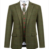 Riolio fashion suits for men 3 Piece Green Woolen Plaid Men Suits Slim Fit Wedding Groom Tuxedo Notch Lapel Business Party Set Costume Homme Jacket Vest Pant