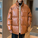 Thicken Solid Color Mens Parkas Oversized Warm Winter Leather Coats Harajuku Fashion Male Loose Cotton Padded Jackets