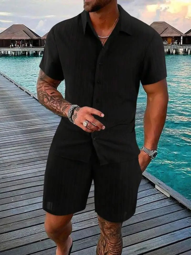 Riolio Spring and summer Europe and the United States new men's striped jacquard beach suit loose shorts shirt