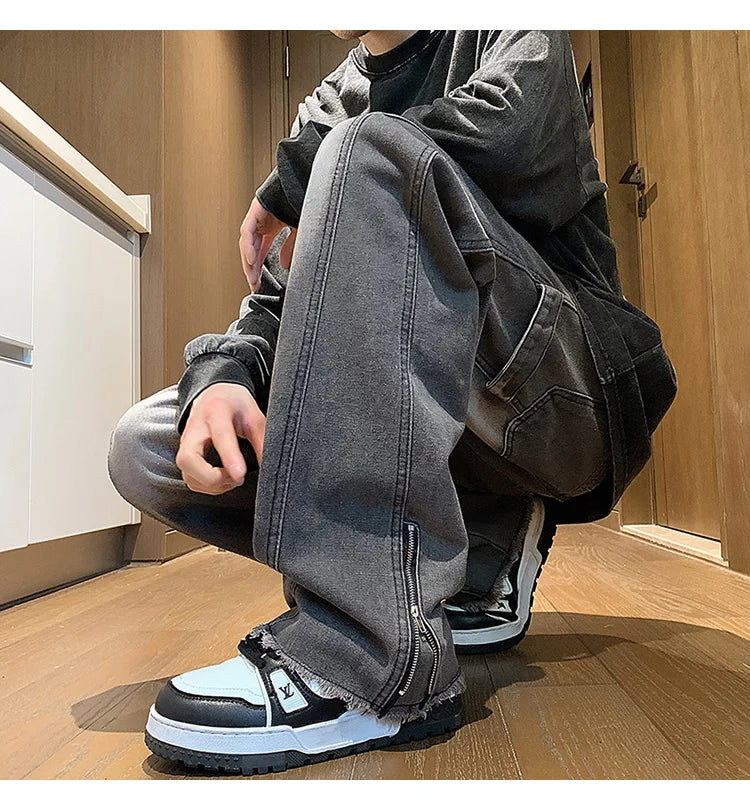 Riolio Men's jeans fashion Side Zipper Pants New Fashion men streetwear Jeans Loose Straight Denim Pant Mens  jeans homme hip hop