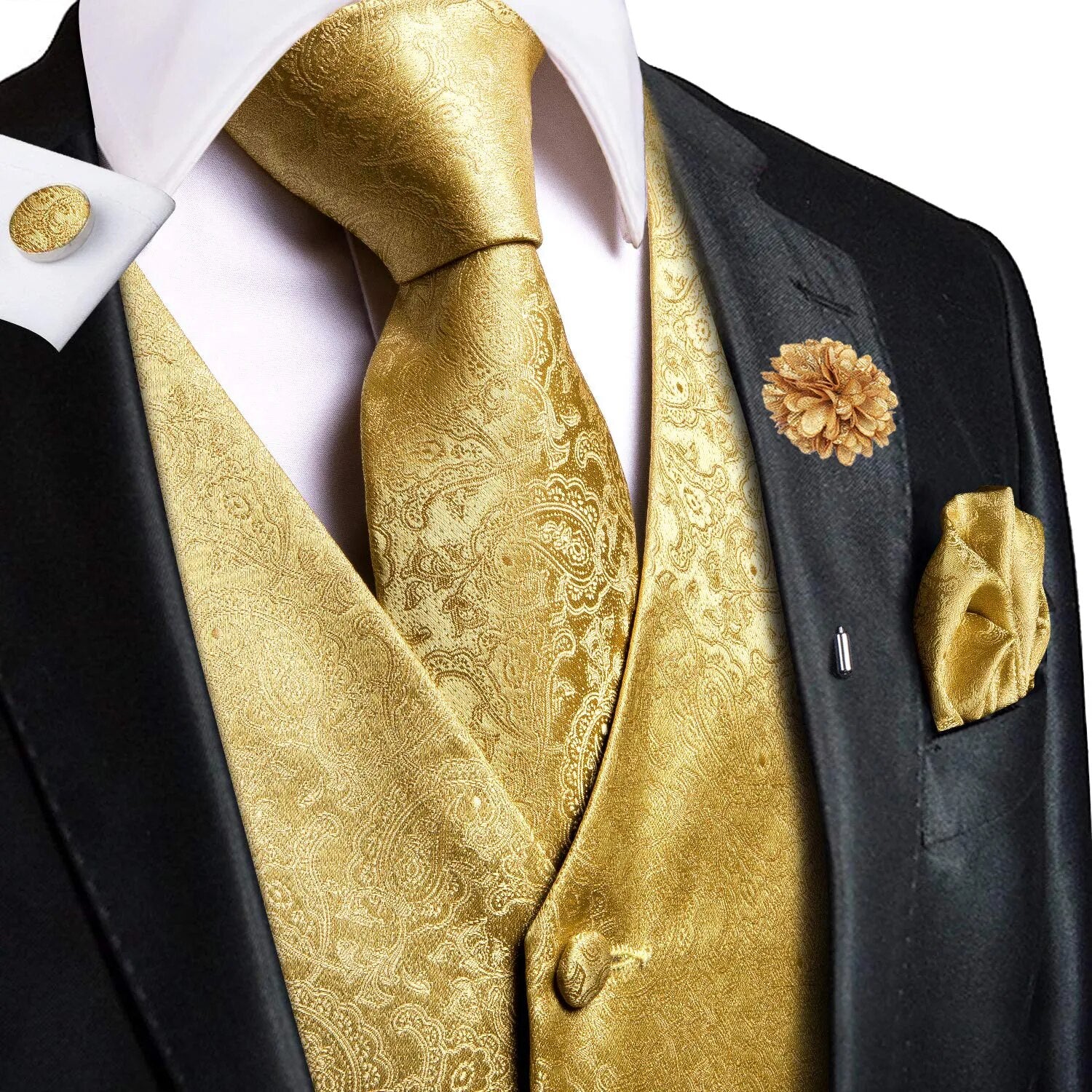 Riolio High Quality Silk Mens Vests Champagne Paisley Waistcoat Neck Tie Hanky Cufflinks Brooch Set for Men Suit Wedding Office