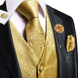 Riolio High Quality Silk Mens Vests Champagne Paisley Waistcoat Neck Tie Hanky Cufflinks Brooch Set for Men Suit Wedding Office