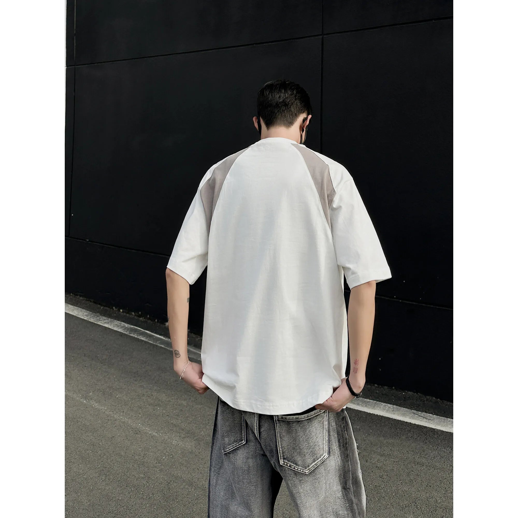 Riolio Mens Breathable Cotton Tshirt man Soft Summer Casual Slim Fit Contrast Panel Simpl Design Streetwear Fashion Tee Line Texture