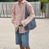 Riolio New Japanese Vintage Men Striped Shirts Luxury Casual Trendy Long Sleeve Cardigan Tops Fashion Leisure Macaron Sunscreen Blouse