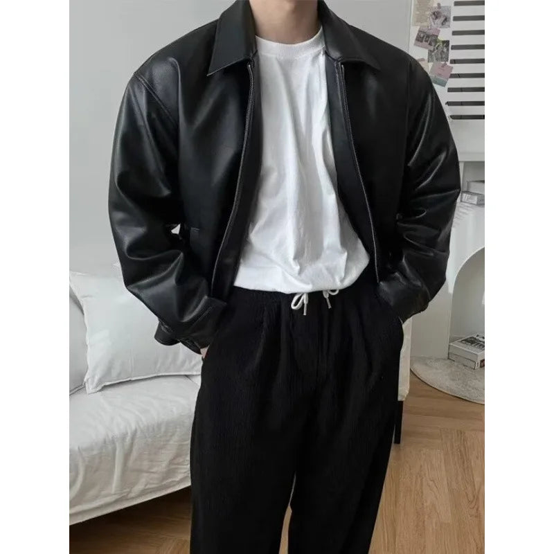 Riolio Windproof Stand Collar Zipper Cardigan Leather Jacket Motorcycle Leather Coat PU Leather Business Leather Jackets Men's Fashion