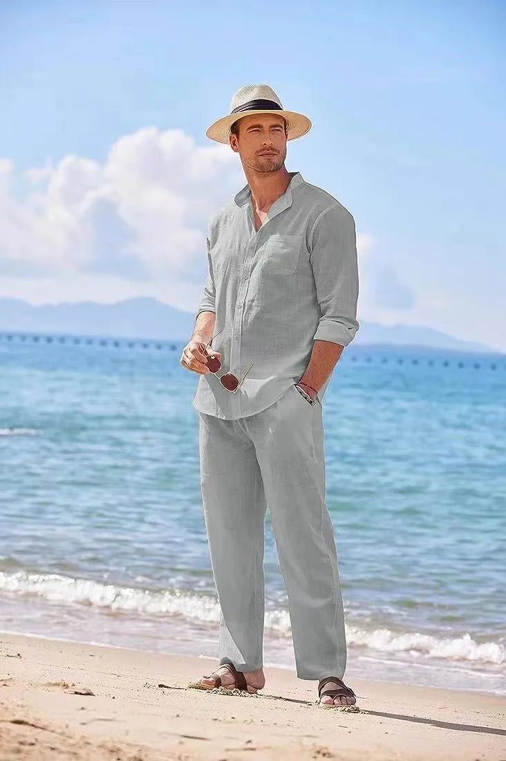 Riolio Mens Casual Linen Two Piece Sets Europe Style Vintage Basic Tops and Solid Pants Suit Male Beach Tracksuits Set