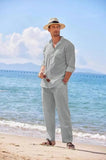 Riolio Mens Casual Linen Two Piece Sets Europe Style Vintage Basic Tops and Solid Pants Suit Male Beach Tracksuits Set
