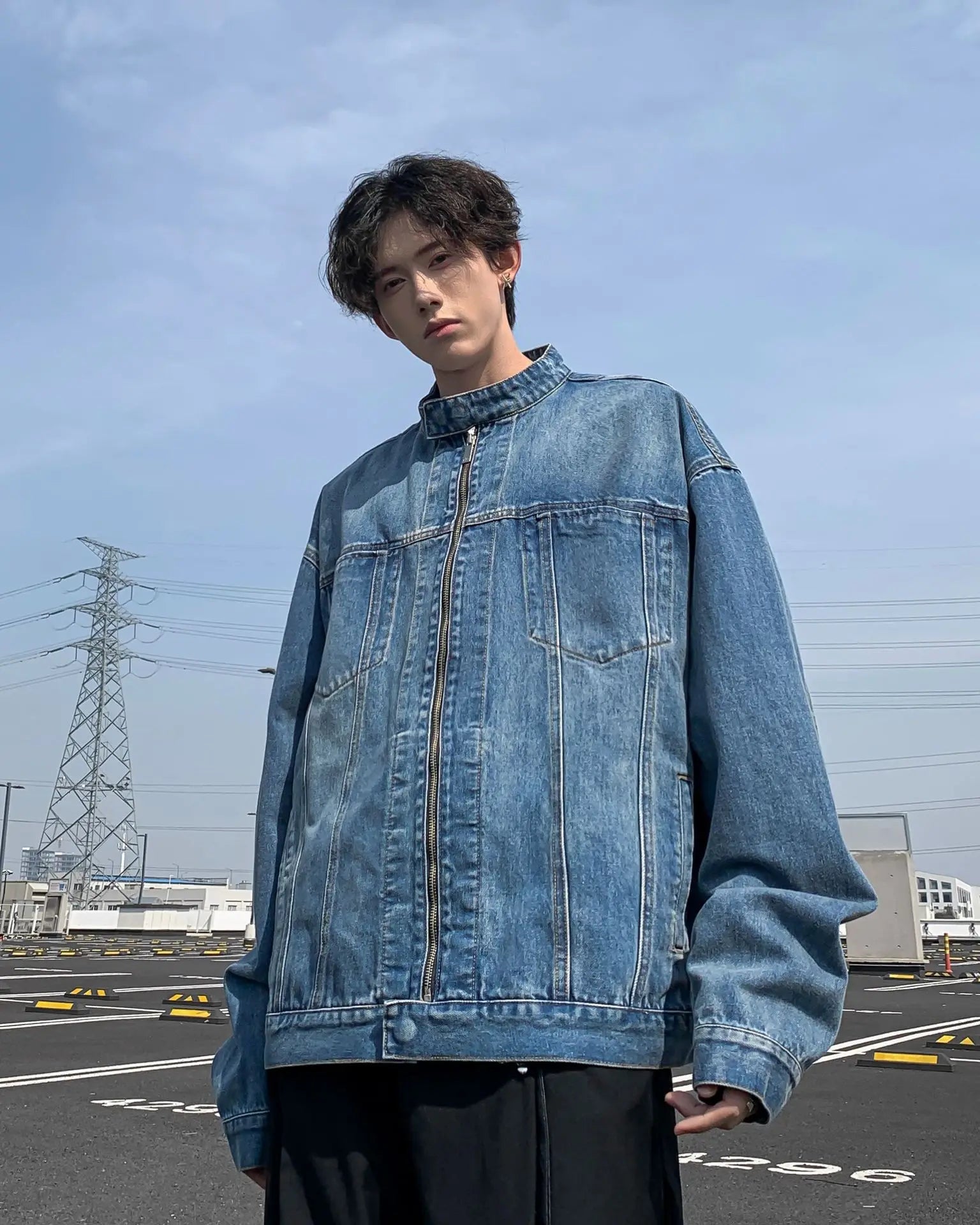 Riolio New High Street Men's Zip-up Denim Jackets Casual Washed Streetwear Stand Collar Texture Korean Harajuku Retro Long Sleeve Coats
