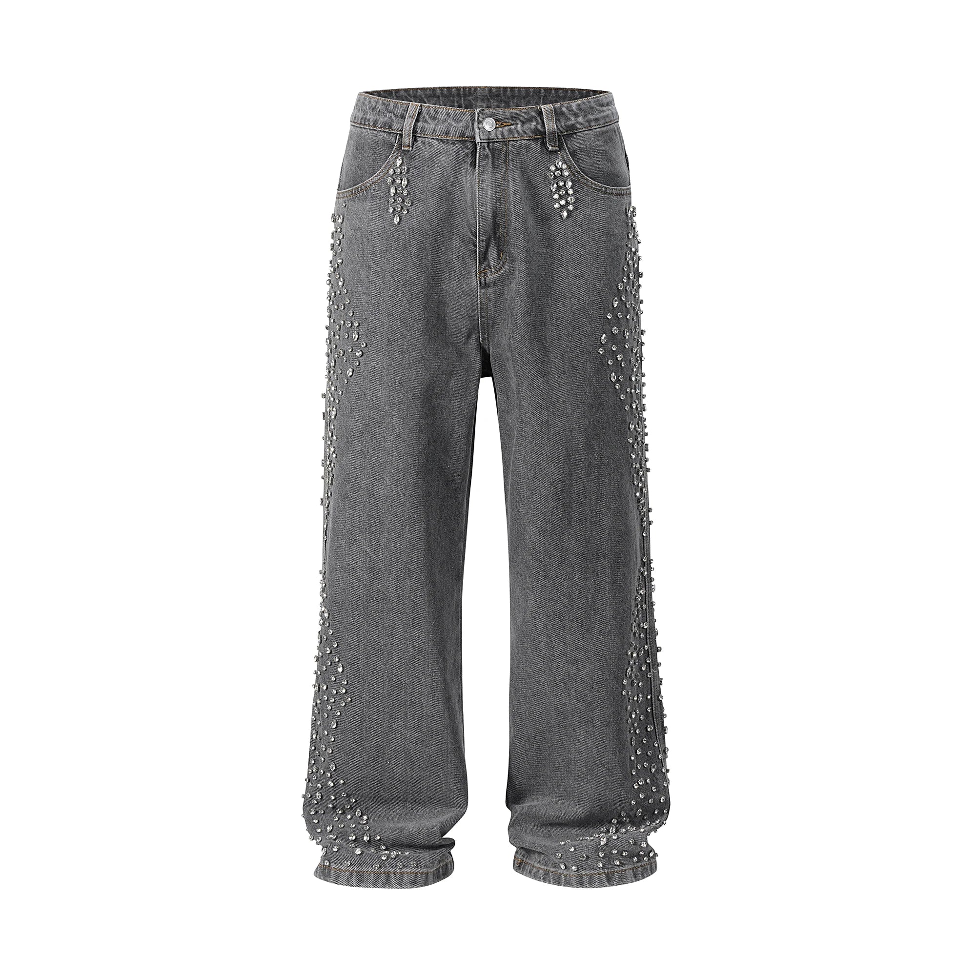 Riolio Full Rhinestone Print Washed Blue Baggy Jeans Mens and Women Ropa Hombre Streetwear Solid Casual Denim Trousers Loose Cargos
