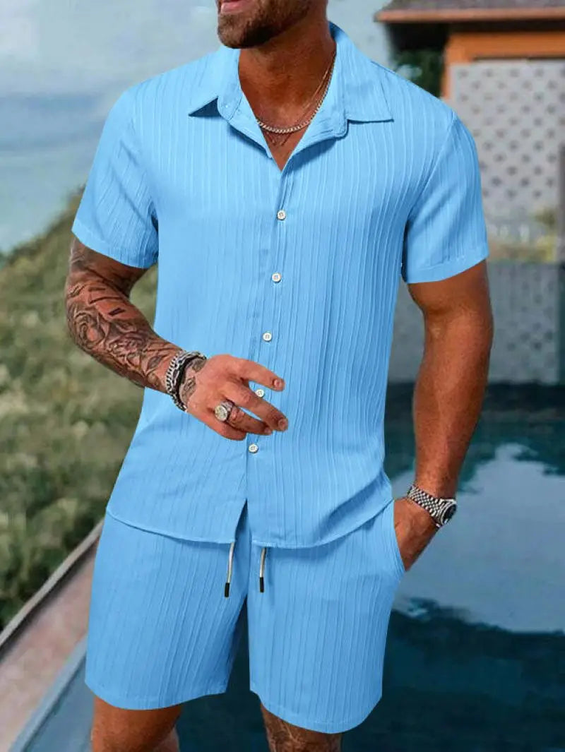 Riolio Spring and summer Europe and the United States new men's striped jacquard beach suit loose shorts shirt