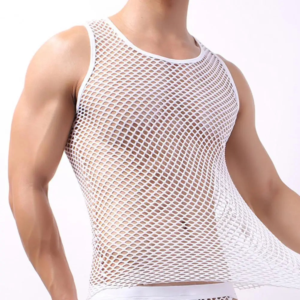 Riolio Men Sexy Mesh Tank Tops Transparent Sleep Tops Male Underwear Pure Color Vest Sleeveless Tops Underwear Male Undershirt