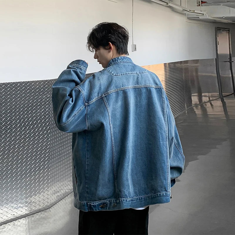 Riolio New High Street Men's Zip-up Denim Jackets Casual Washed Streetwear Stand Collar Texture Korean Harajuku Retro Long Sleeve Coats