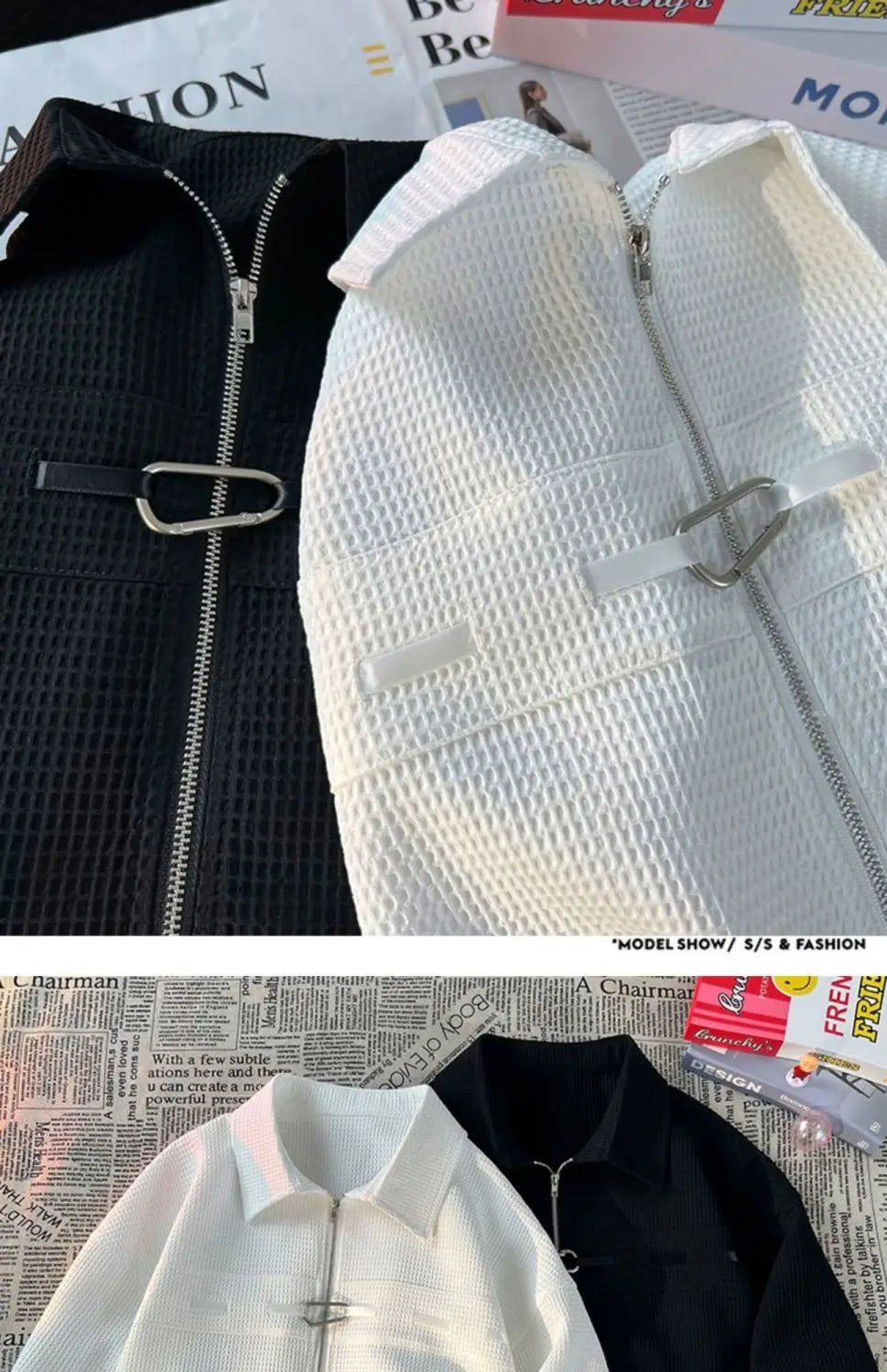 Riolio Niche Design Zipper Shirt Men's Short-sleeved Summer 2025 New Waffle High-end Casual Shirt Hip Hop Unisex Zipper Blouse