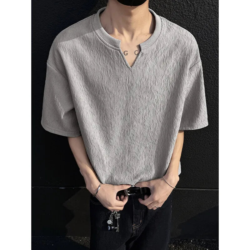 Riolio Summer Short Sleeved T-shirt Men Casual V-neck T Shirt Men Streetwear Korean Loose Pleated T Shirt Mens Top Large Size 5XL