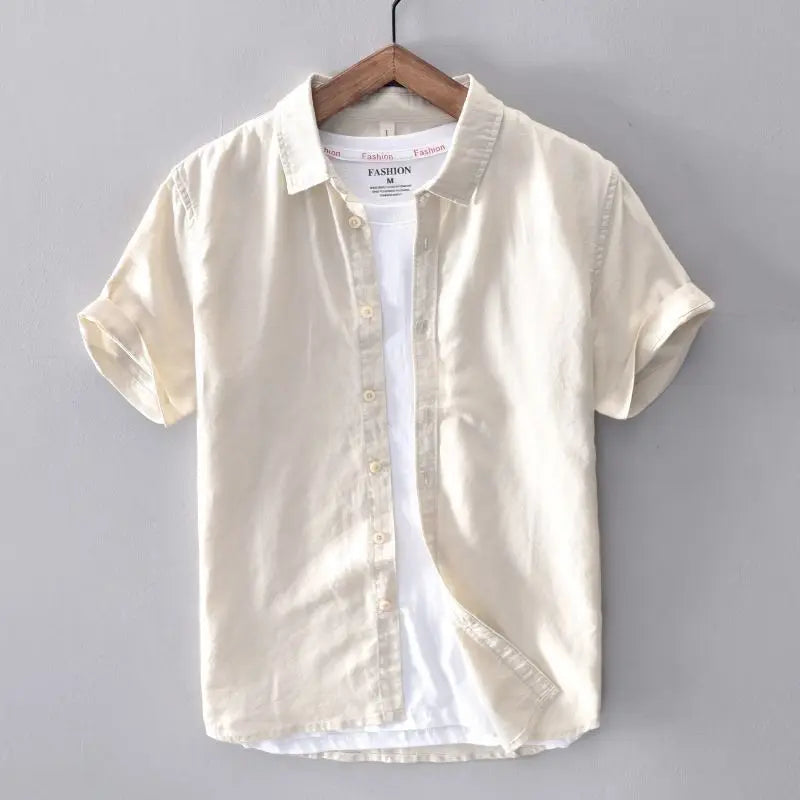 Riolio Breathable Linen Shirt Men's Short-sleeved Slim Bodysuit Thin Lapel Youth Casual White Shirt