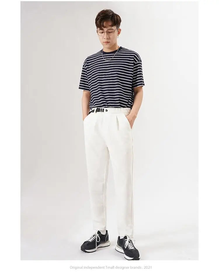 Riolio White Stretch Casual Ankle Pants Silhouette Men's Elegant Suit Pants Summer Korean Straight Loose Men's Smart Casual Trousers
