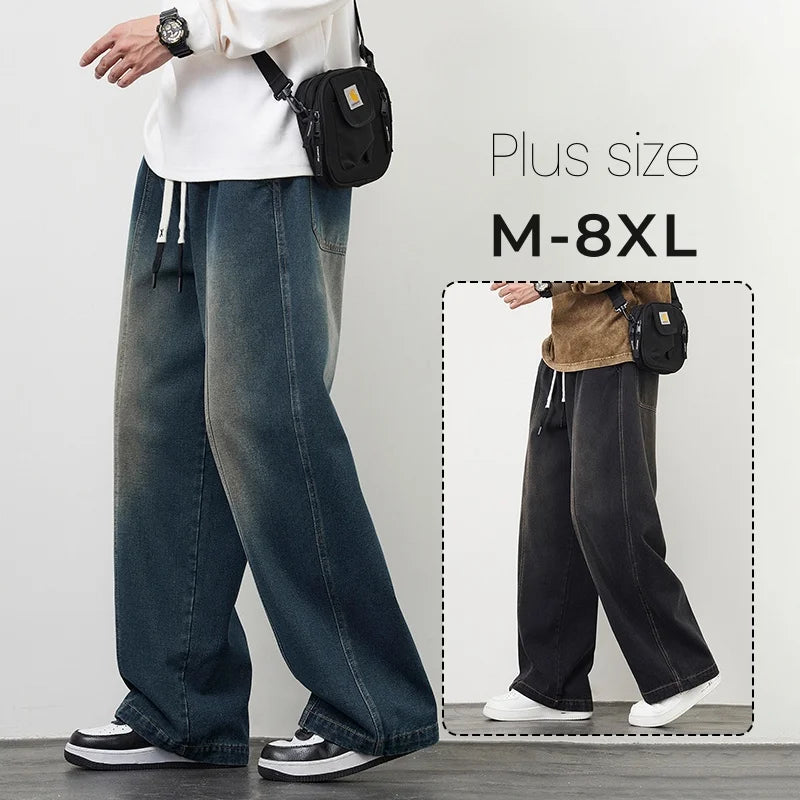 Riolio Plus Size M-8XL Baggy Jeans Men's Blue Black Streetwear Elastic Waist Y2K Trousers Fashion Straight Leisure Wide Denim Pants