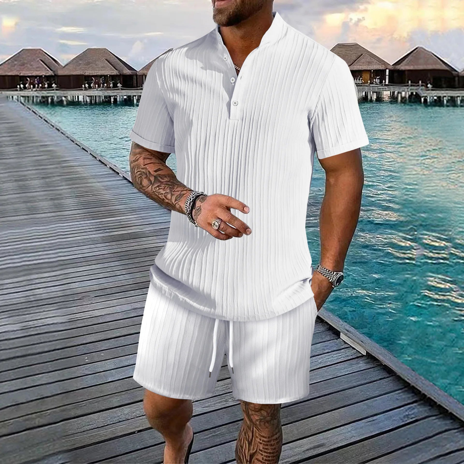 Riolio Spring and summer Europe and the United States new men's striped jacquard beach suit loose shorts shirt