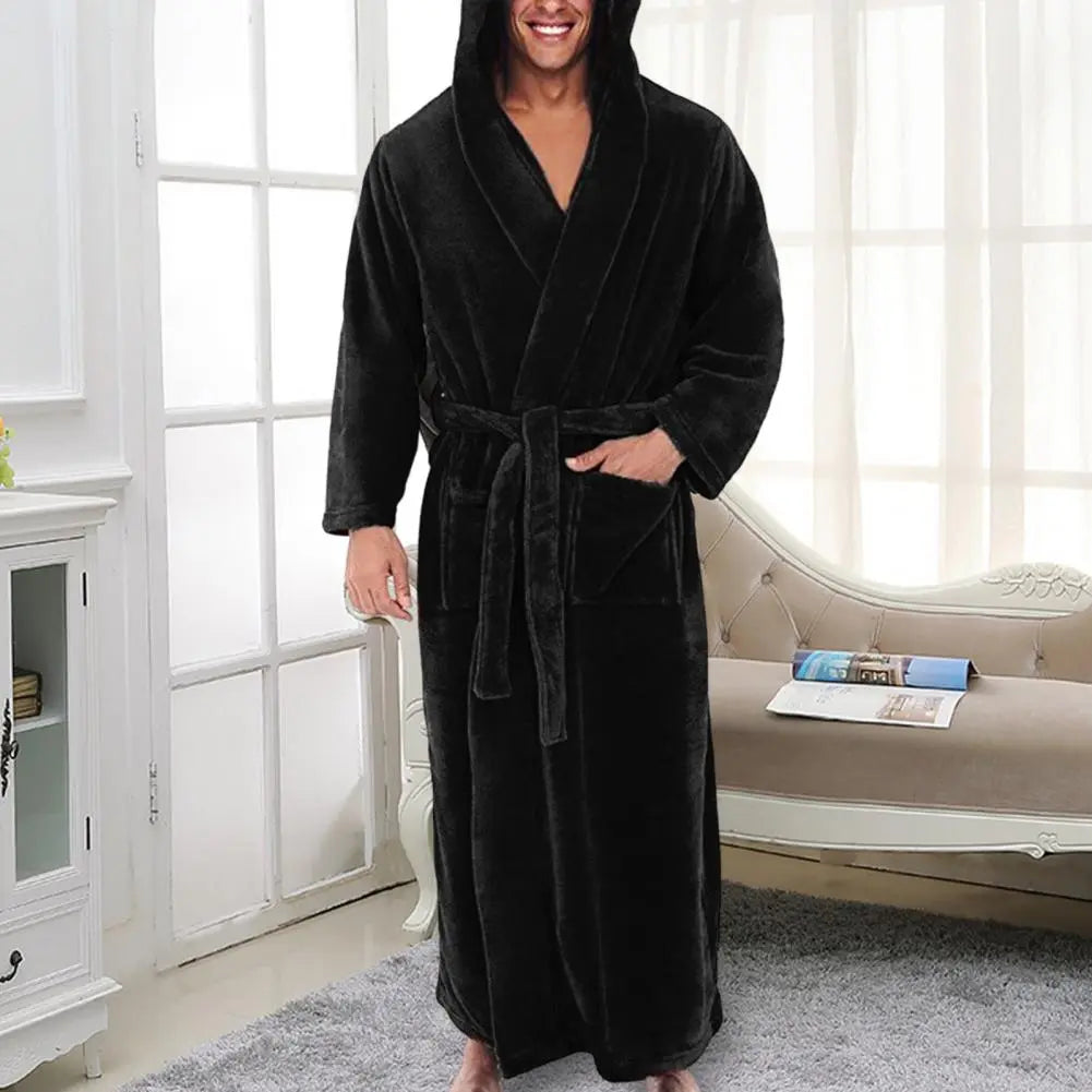 Riolio Long Sleeve Pocket Belt Solid Color Men Bathrobe Winter Warm Hooded Long Fleece Home Gown Sleepwear