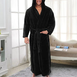 Riolio Long Sleeve Pocket Belt Solid Color Men Bathrobe Winter Warm Hooded Long Fleece Home Gown Sleepwear